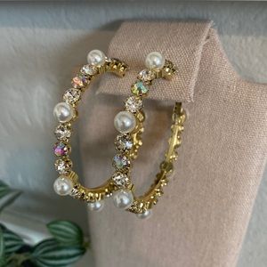 New Pearl Rhinestones Bling Gold Hoop Earrings - Kirby #59